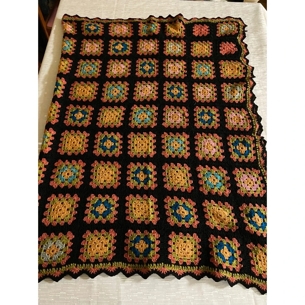 Vintage Handmade Crochet Granny Blanket Black Multi Color Retro Throw 28x36